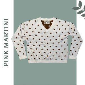 Pink Martini Women’s V-Neck Polka Dot Cream Brown Long Sleeved Sweater Small